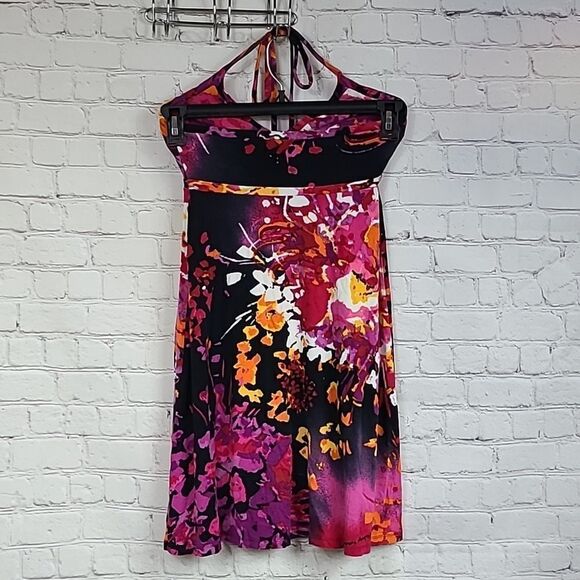 Express XS Colorful Babydoll Halter Mini Dress Soft Rayon Knit Slip Sundress - Picture 8 of 9